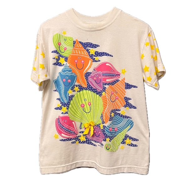 𝅺Vintage Beach Rare seashells 80s 90s t shirt top neon colorful XS - Picture 3 of 13